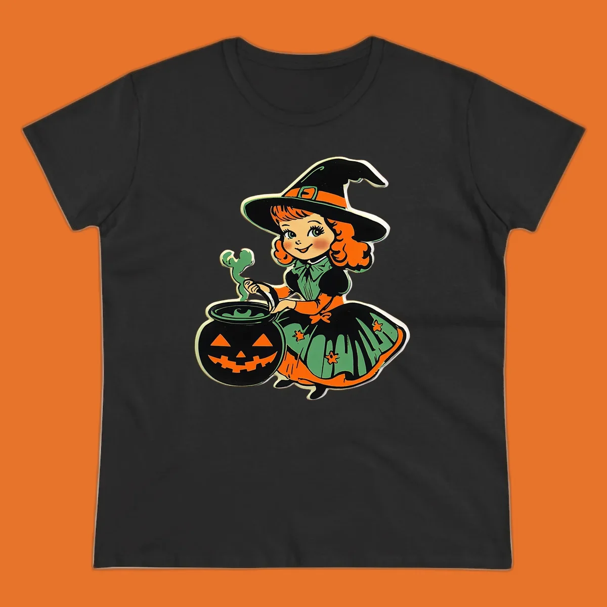 Cute vintage halloween witch brewing a potion in a jack-o-lantern cauldron.