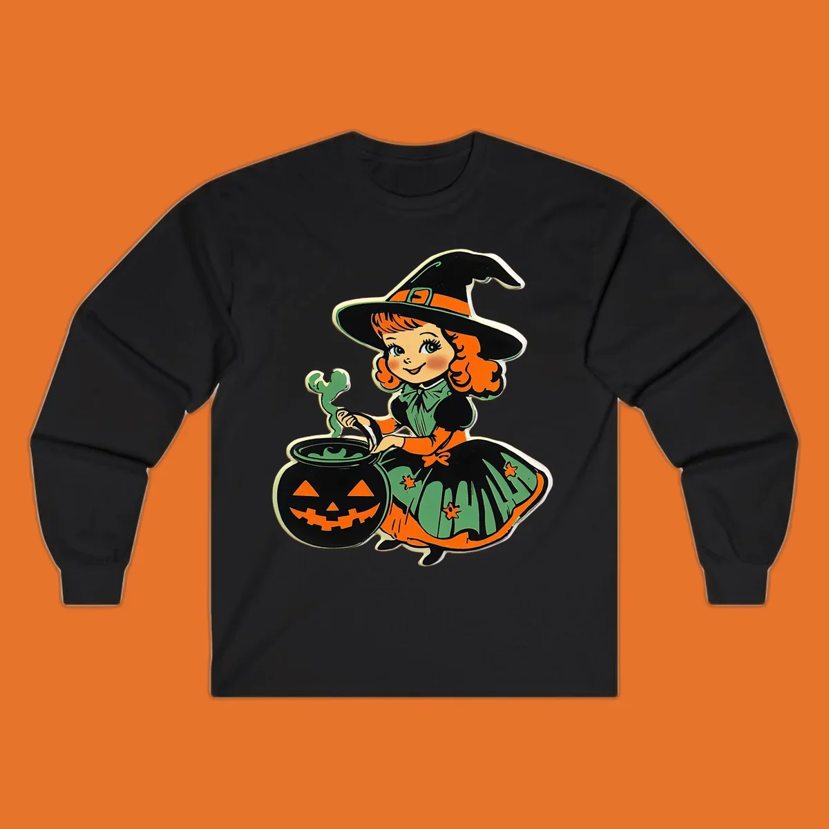 Cute vintage halloween witch brewing a potion in a jack-o-lantern cauldron.