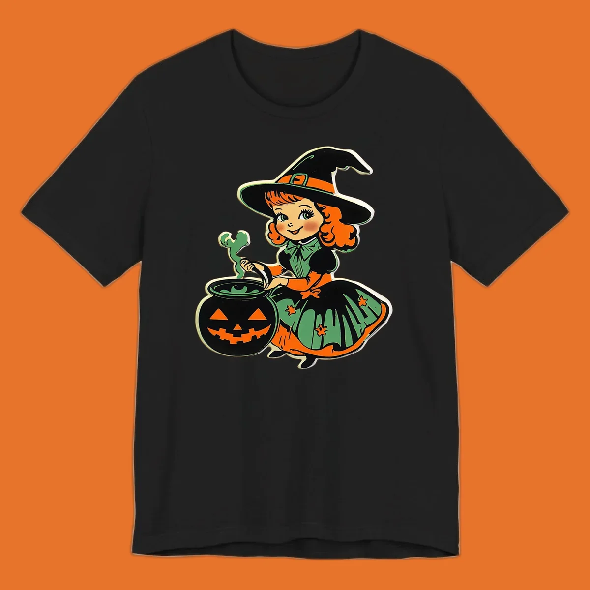 Cute vintage halloween witch brewing a potion in a jack-o-lantern cauldron.