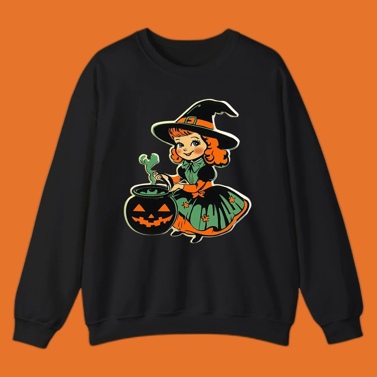 Cute vintage halloween witch brewing a potion in a jack-o-lantern cauldron.