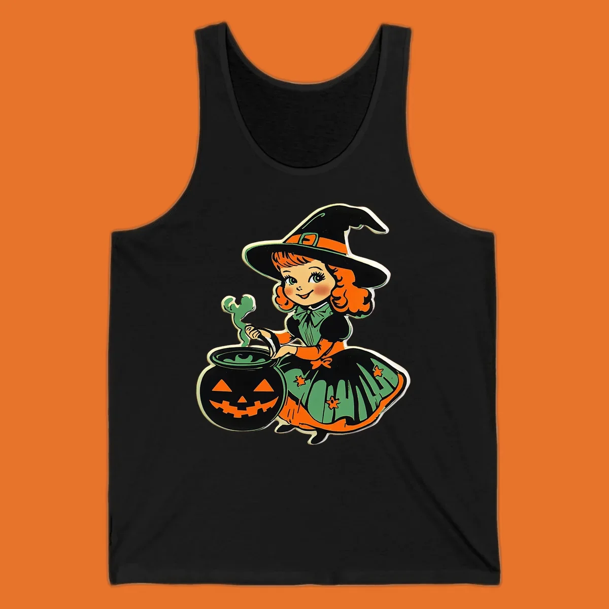 Cute vintage halloween witch brewing a potion in a jack-o-lantern cauldron.