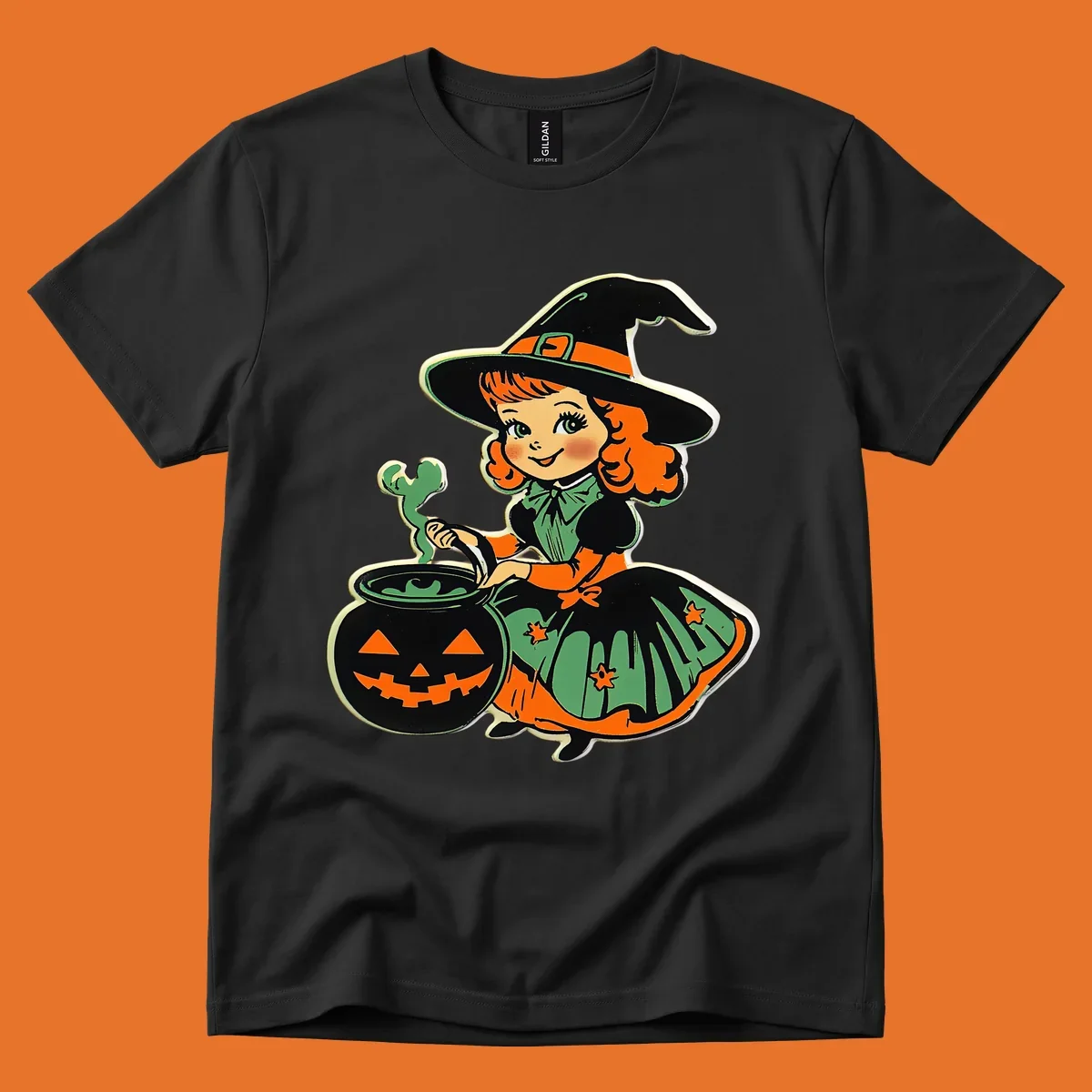 Cute vintage halloween witch brewing a potion in a jack-o-lantern cauldron.