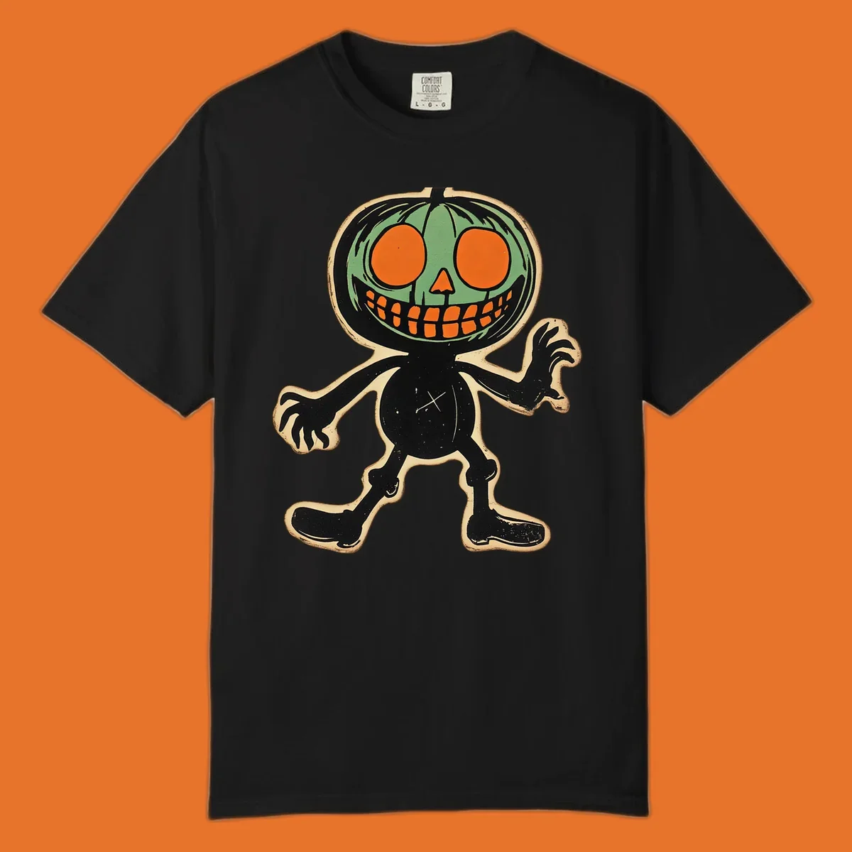 Vintage spooky pumpkin pal illustration with green head and wide grin.