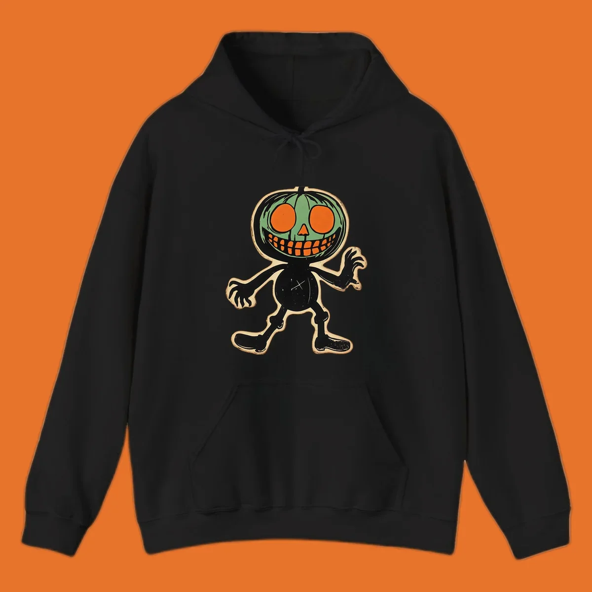 Vintage spooky pumpkin pal illustration with green head and wide grin.