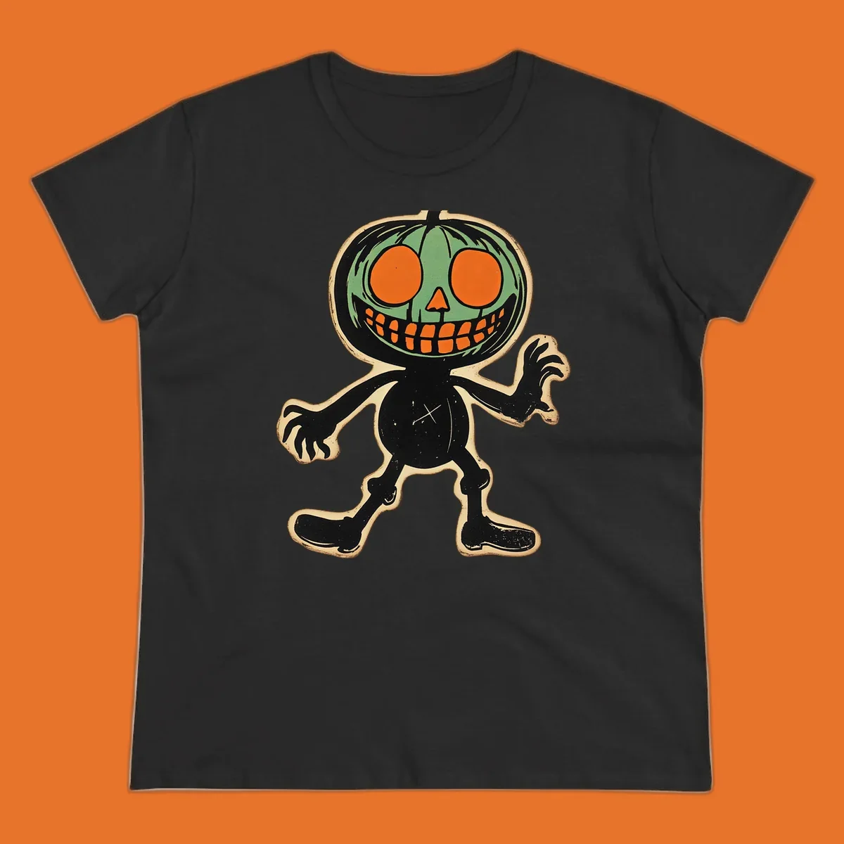 Vintage spooky pumpkin pal illustration with green head and wide grin.