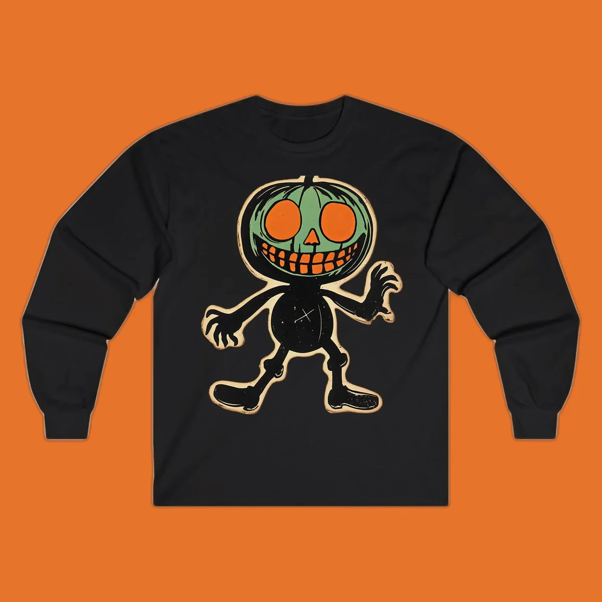 Vintage spooky pumpkin pal illustration with green head and wide grin.