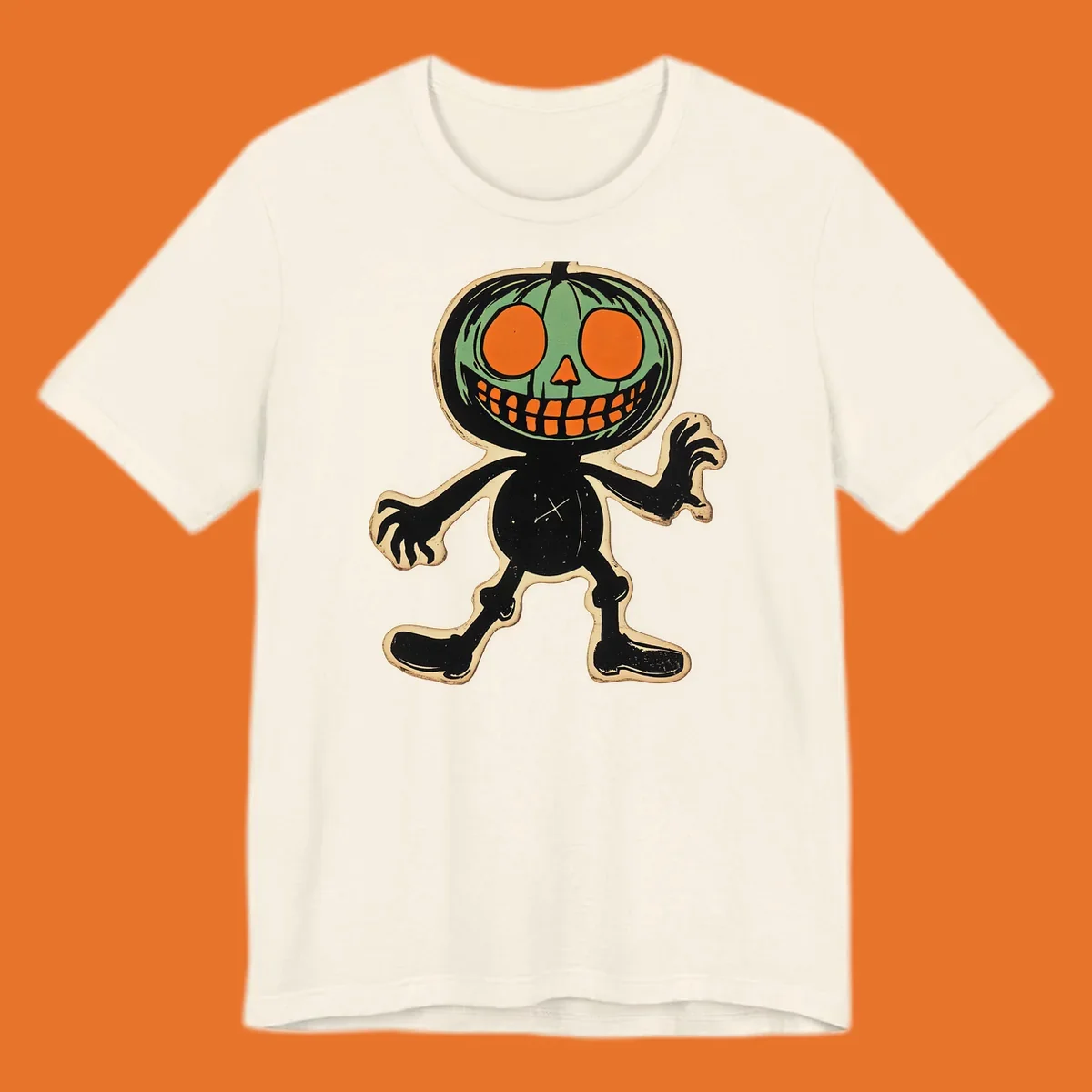 Vintage spooky pumpkin pal illustration with green head and wide grin.