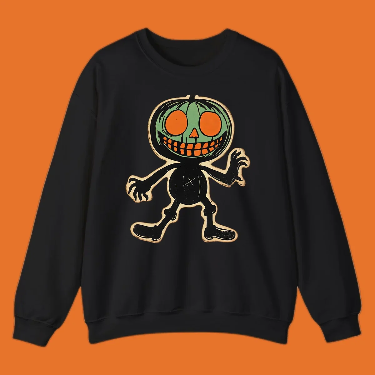 Vintage spooky pumpkin pal illustration with green head and wide grin.
