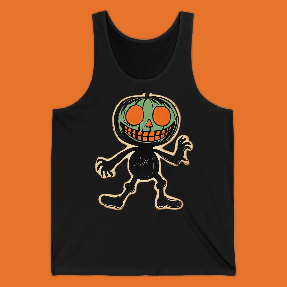 Vintage spooky pumpkin pal illustration with green head and wide grin.