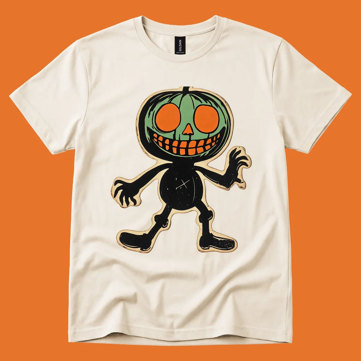 Vintage spooky pumpkin pal illustration with green head and wide grin.