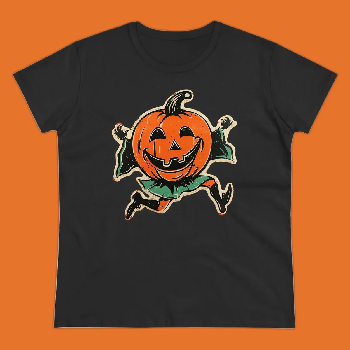 Vintage running jack-o'-lantern graphic with a big smile, black boots, and green leaves.