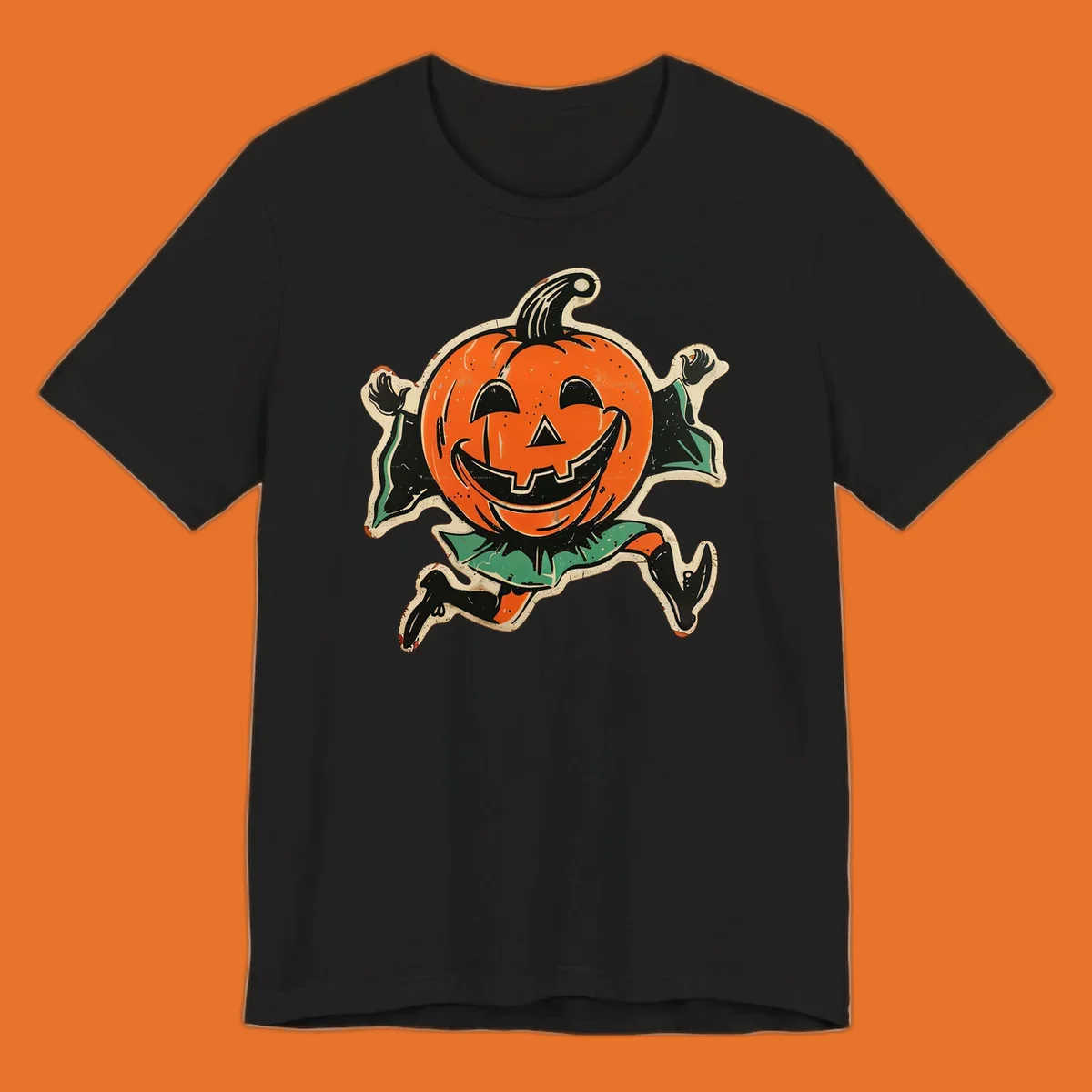 Vintage running jack-o'-lantern graphic with a big smile, black boots, and green leaves.