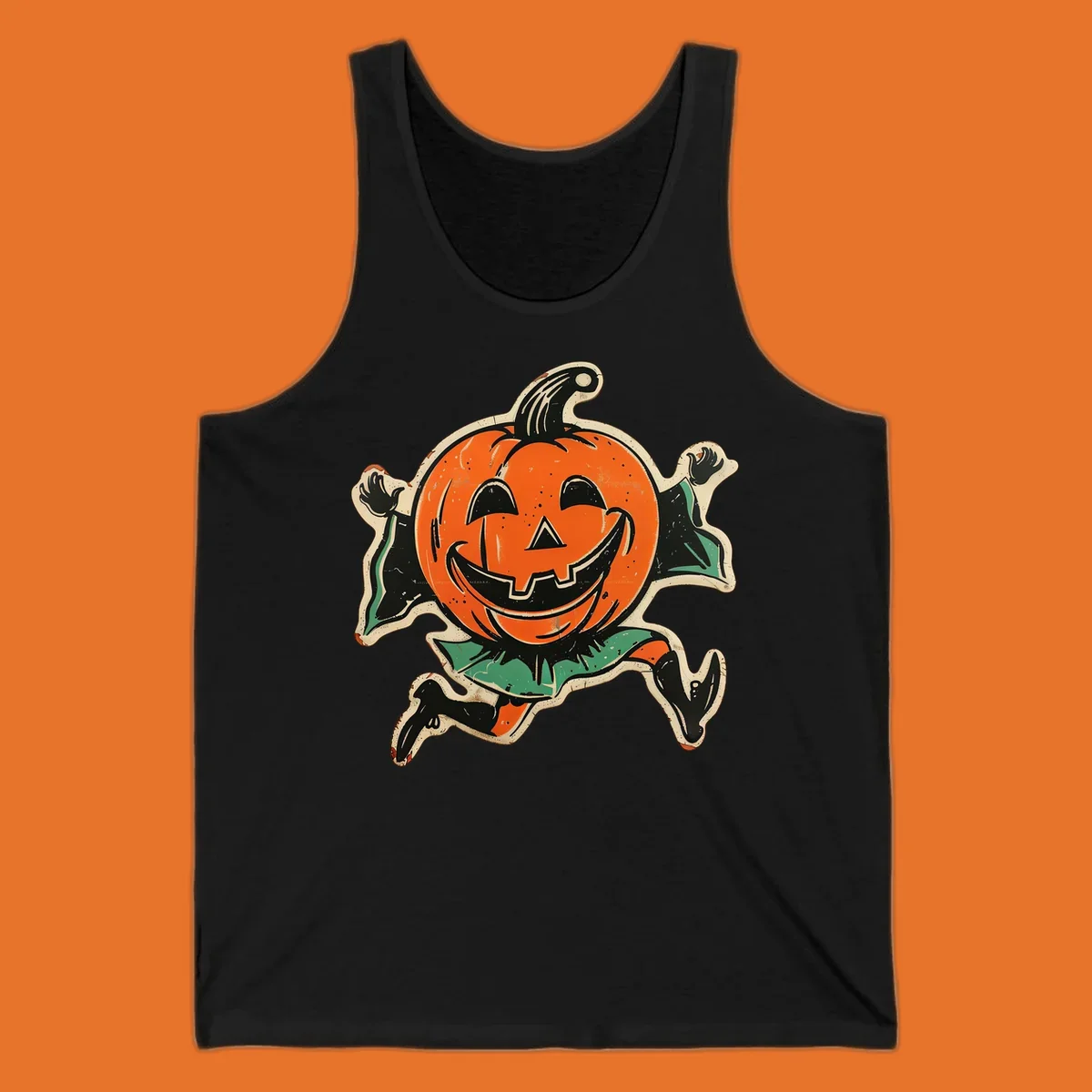 Vintage running jack-o'-lantern graphic with a big smile, black boots, and green leaves.