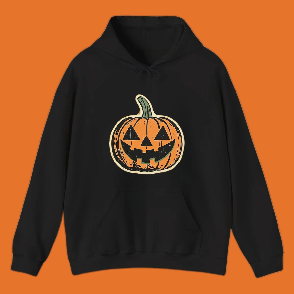 Vintage jack-o'-lantern graphic with a distressed, carved face. Fall holiday illustration.