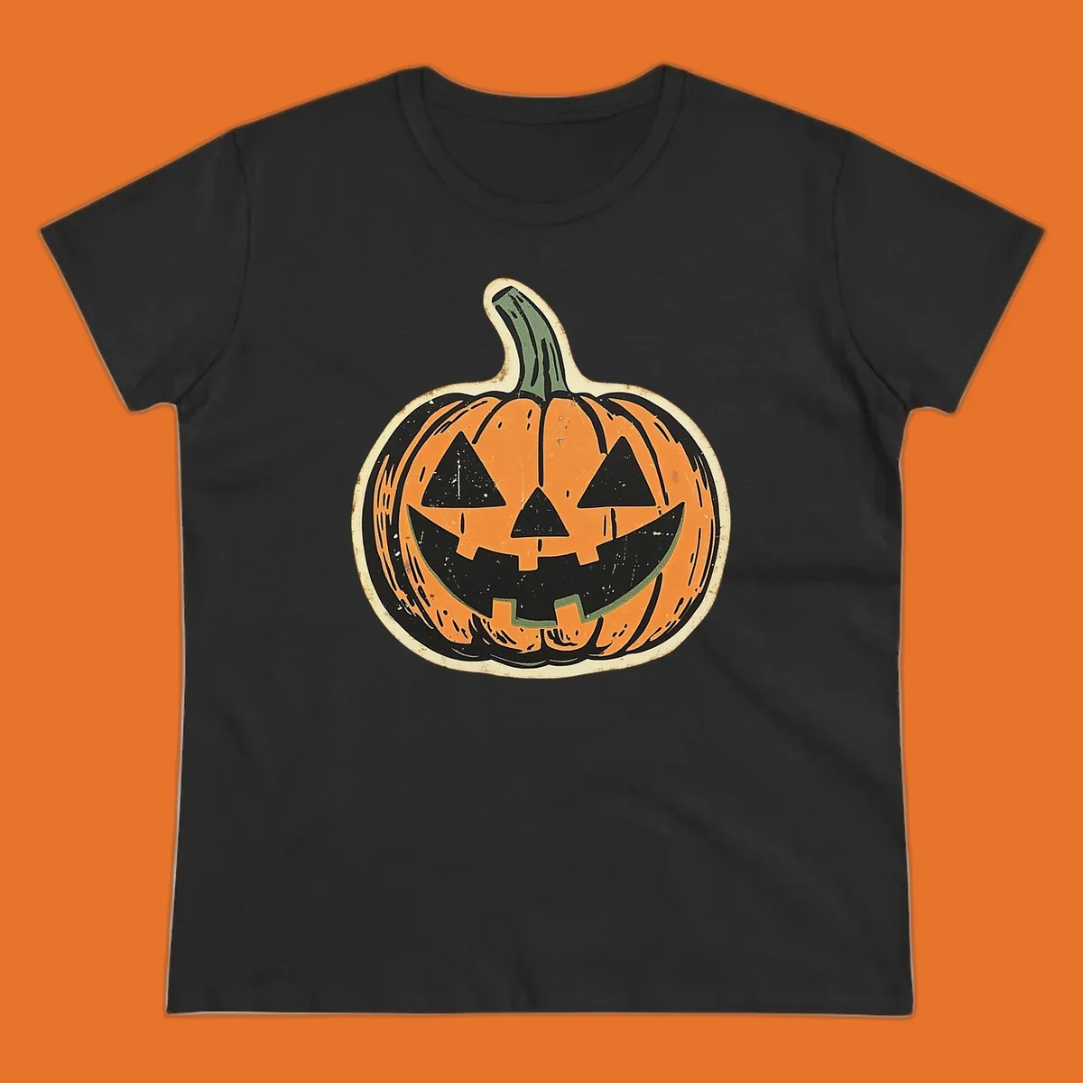 Vintage jack-o'-lantern graphic with a distressed, carved face. Fall holiday illustration.