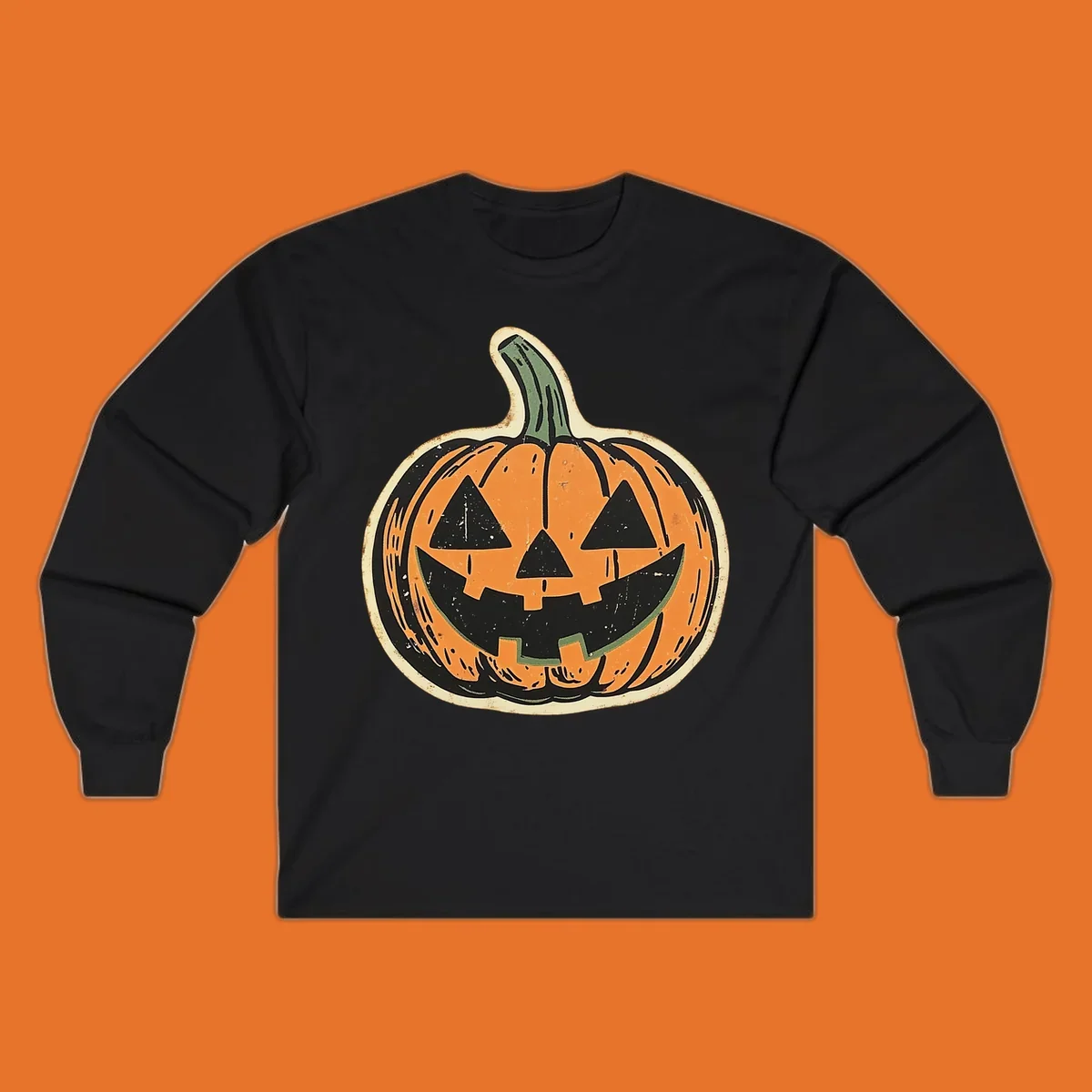 Vintage jack-o'-lantern graphic with a distressed, carved face. Fall holiday illustration.