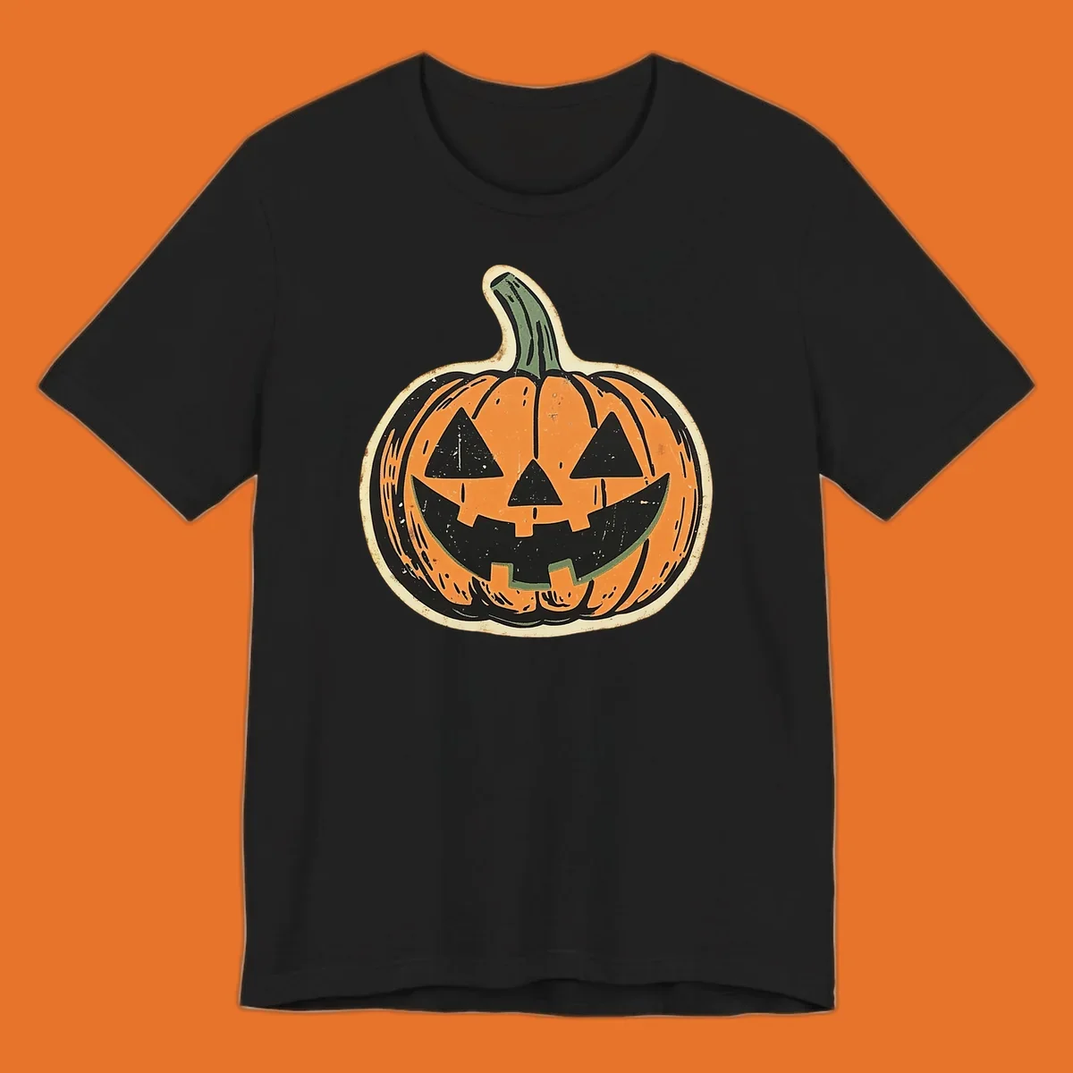 Vintage jack-o'-lantern graphic with a distressed, carved face. Fall holiday illustration.