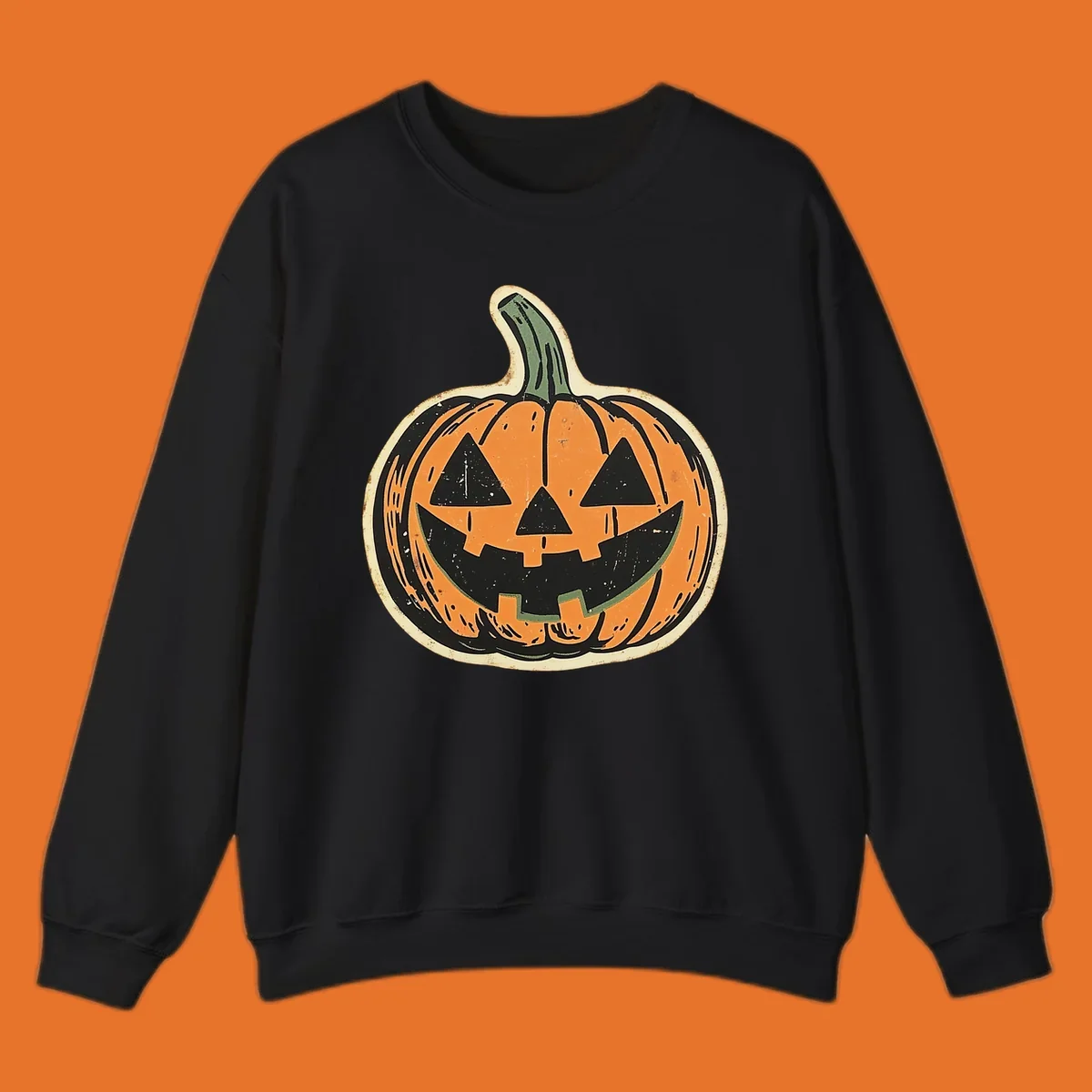 Vintage jack-o'-lantern graphic with a distressed, carved face. Fall holiday illustration.