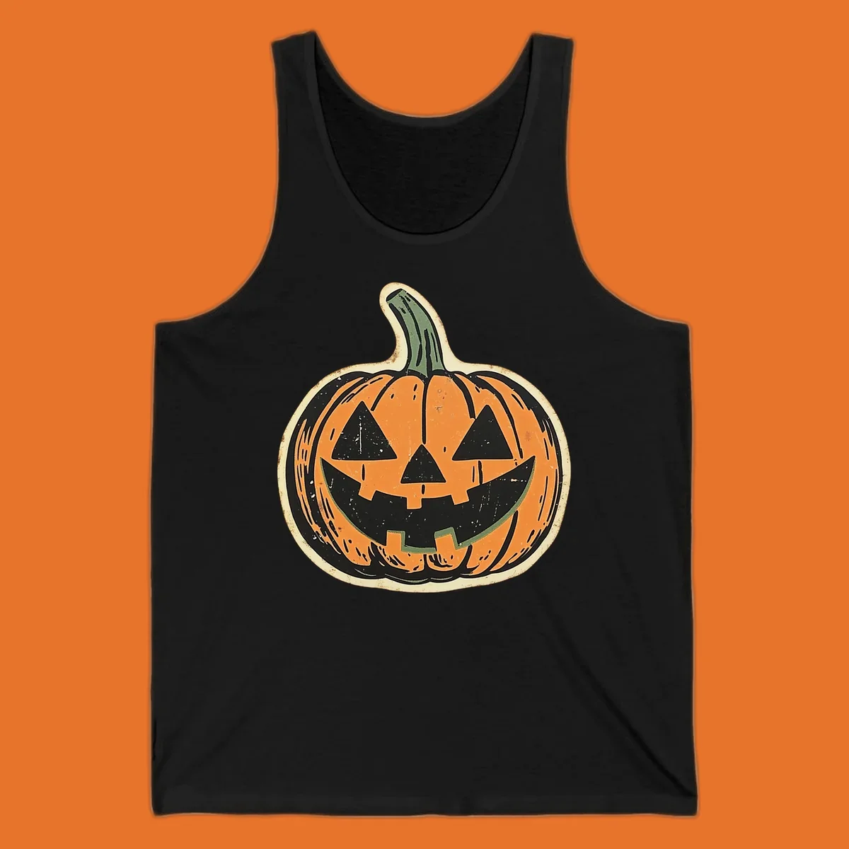 Vintage jack-o'-lantern graphic with a distressed, carved face. Fall holiday illustration.