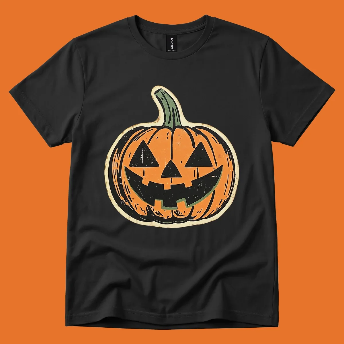 Vintage jack-o'-lantern graphic with a distressed, carved face. Fall holiday illustration.