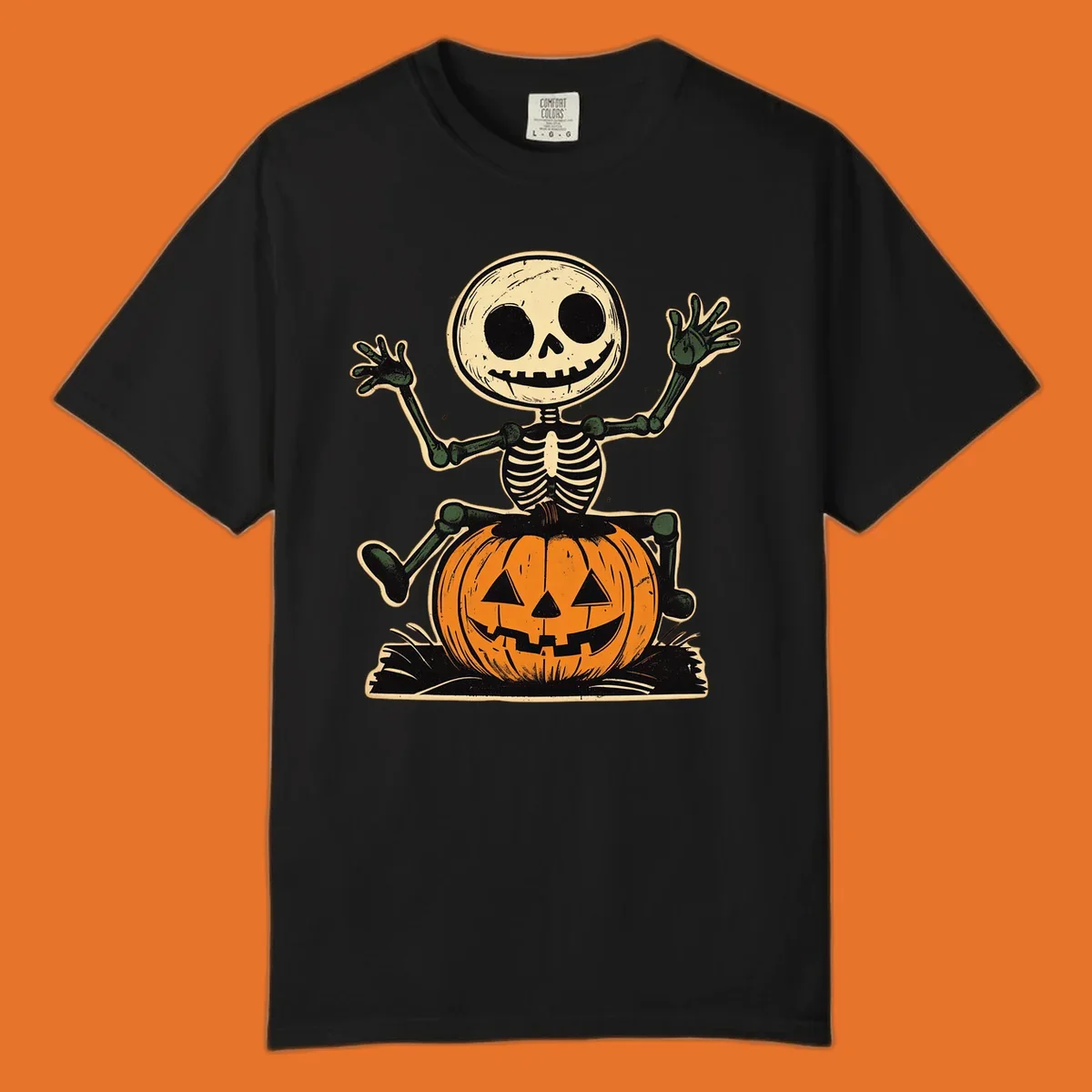 Vintage skeleton riding a jack-o-lantern, Halloween graphic