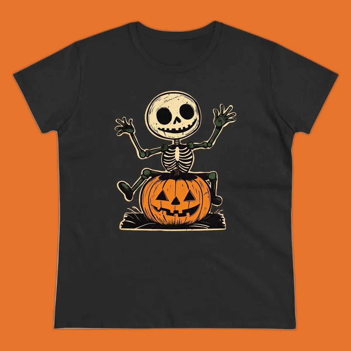 Vintage skeleton riding a jack-o-lantern, Halloween graphic