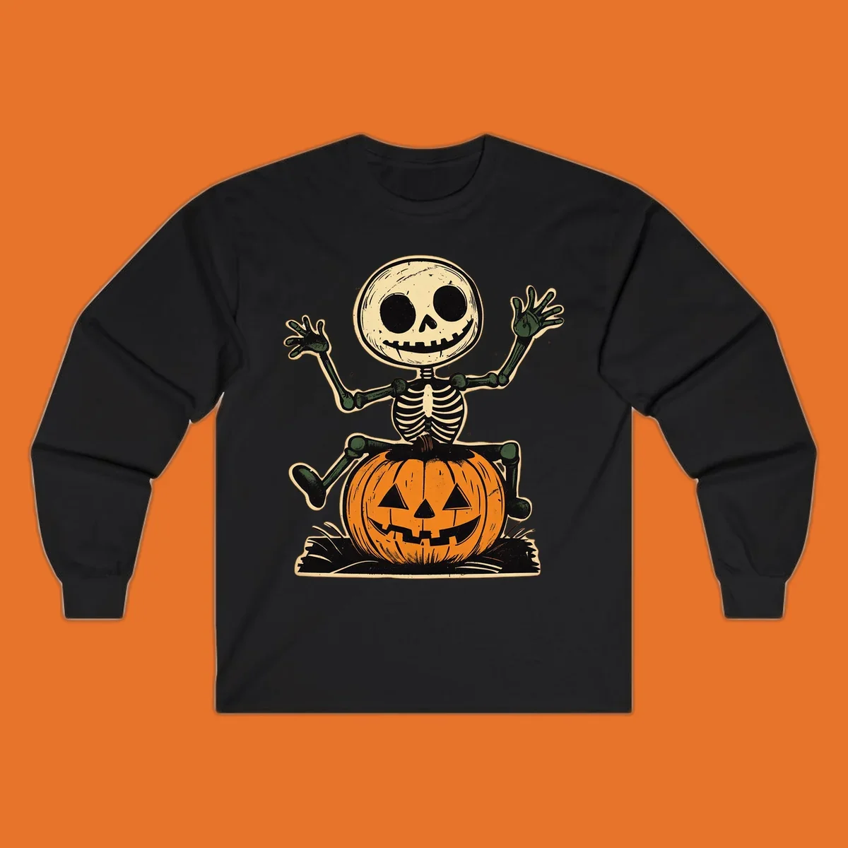 Vintage skeleton riding a jack-o-lantern, Halloween graphic
