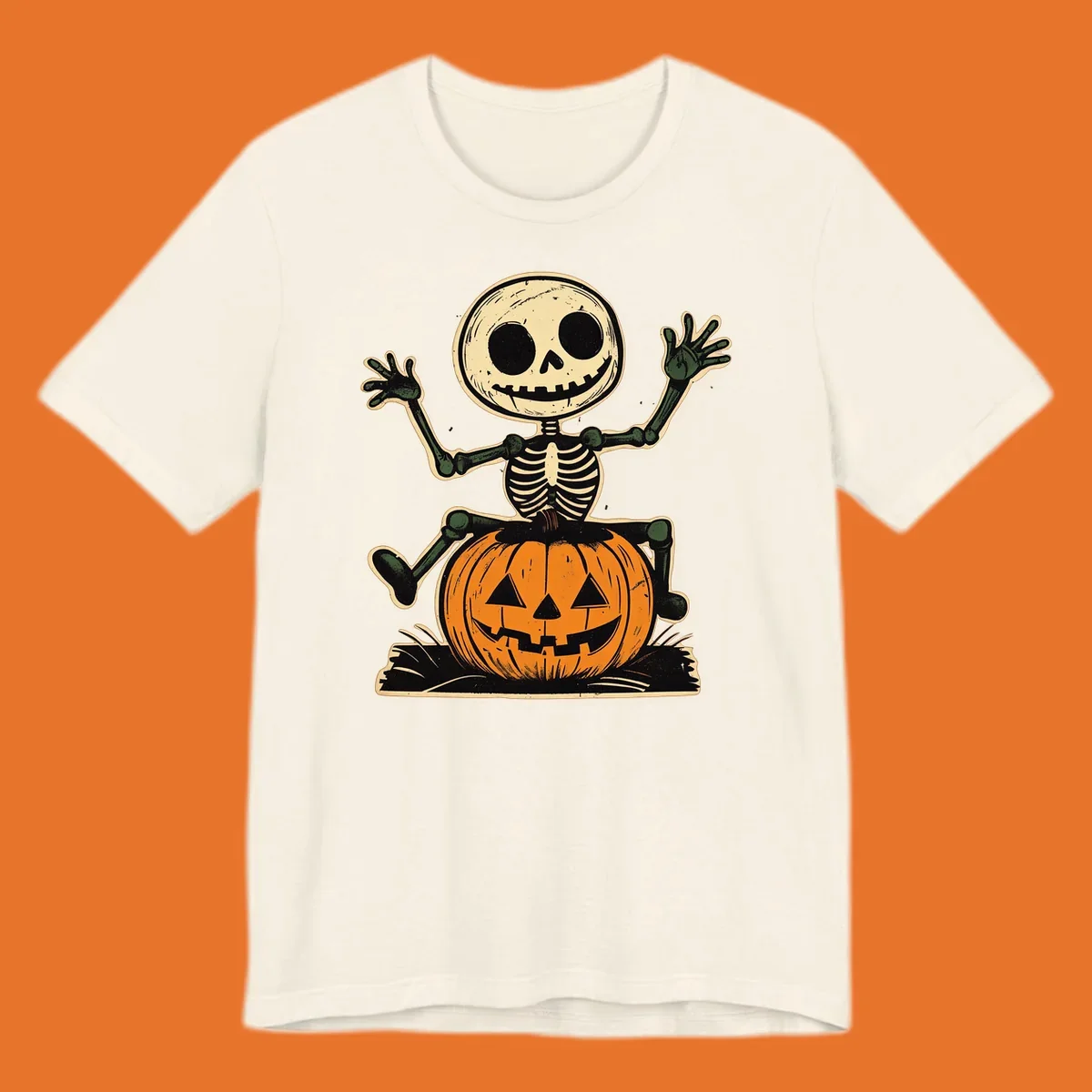 Vintage skeleton riding a jack-o-lantern, Halloween graphic