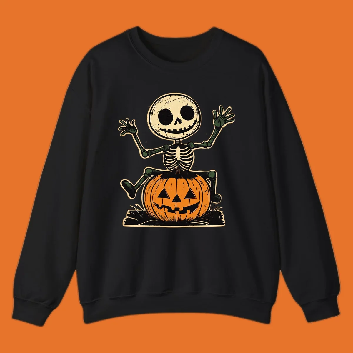 Vintage skeleton riding a jack-o-lantern, Halloween graphic