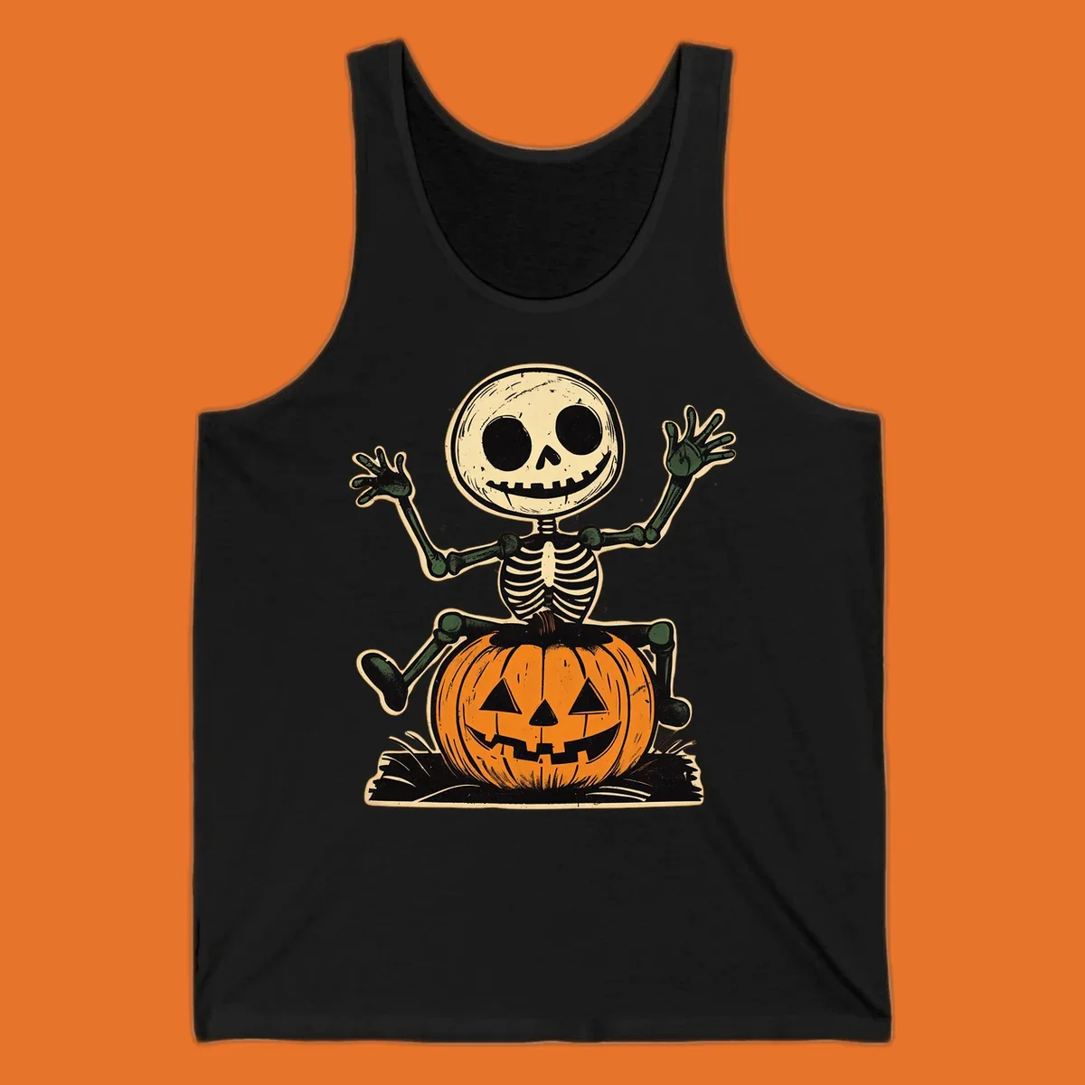 Vintage skeleton riding a jack-o-lantern, Halloween graphic