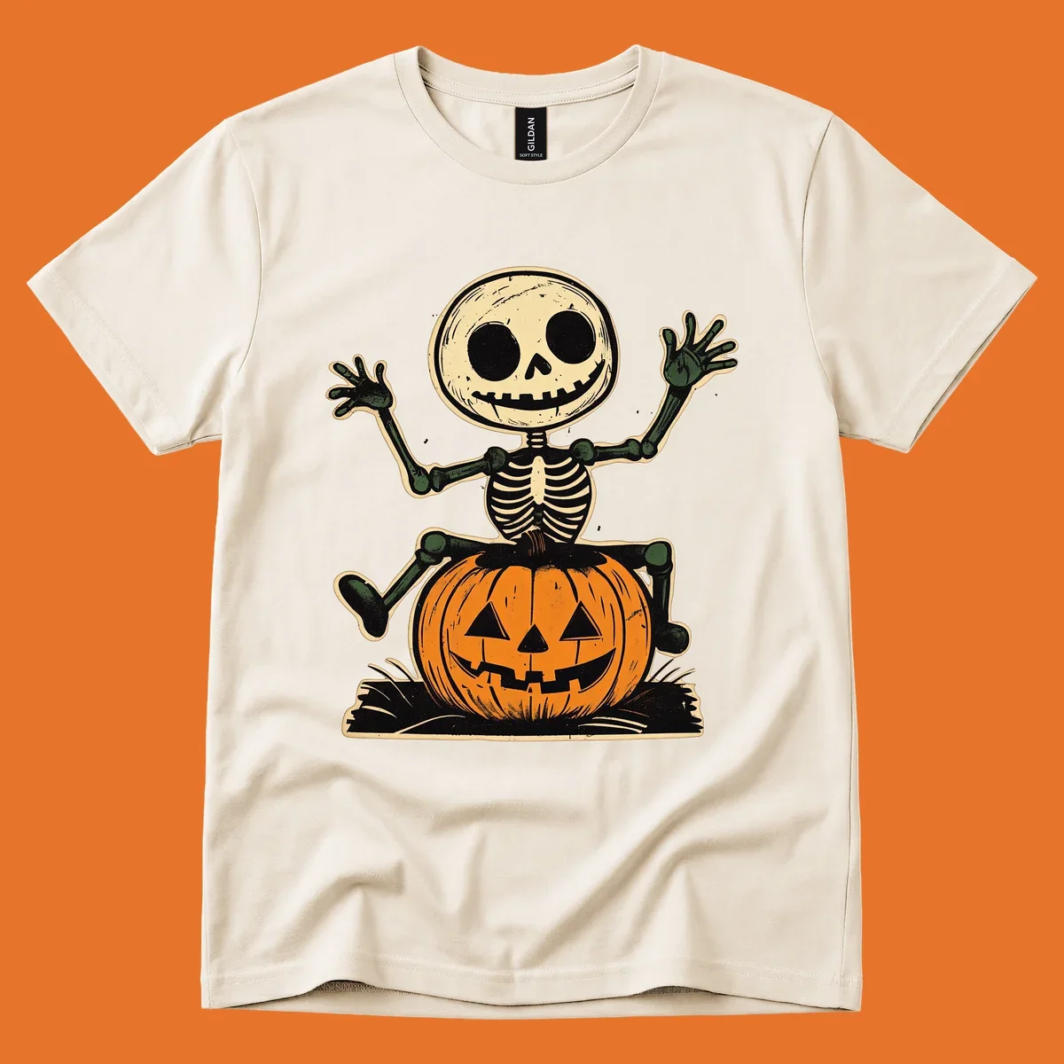 Vintage skeleton riding a jack-o-lantern, Halloween graphic