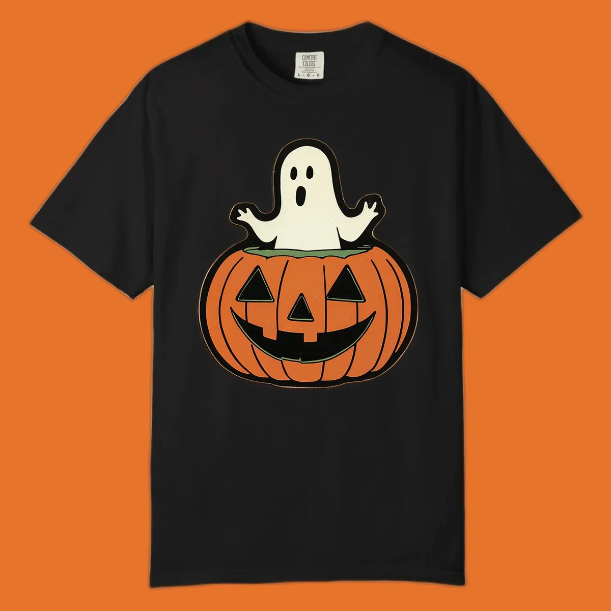Halloween pumpkin with a ghost popping out, holiday graphic