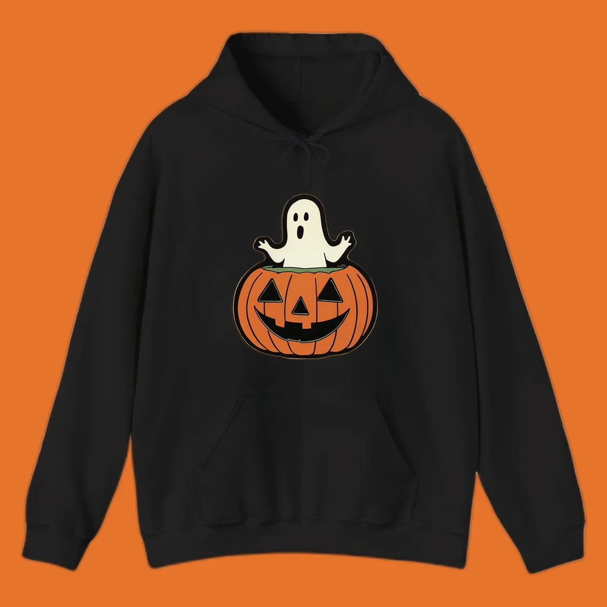 Halloween pumpkin with a ghost popping out, holiday graphic
