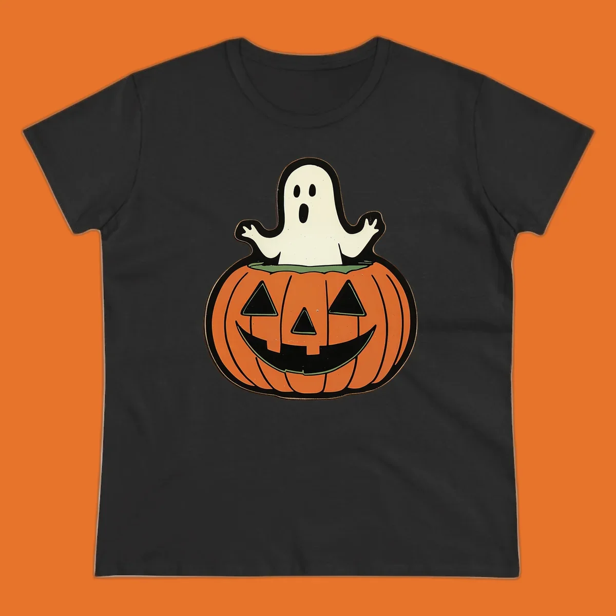 Halloween pumpkin with a ghost popping out, holiday graphic