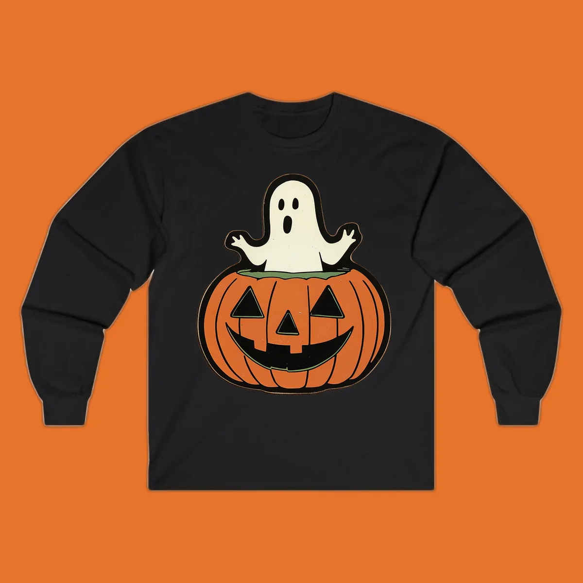 Halloween pumpkin with a ghost popping out, holiday graphic