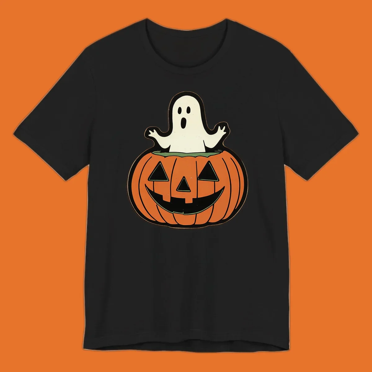 Halloween pumpkin with a ghost popping out, holiday graphic