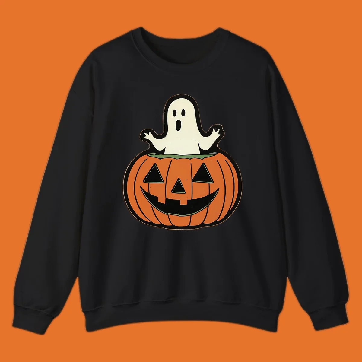 Halloween pumpkin with a ghost popping out, holiday graphic