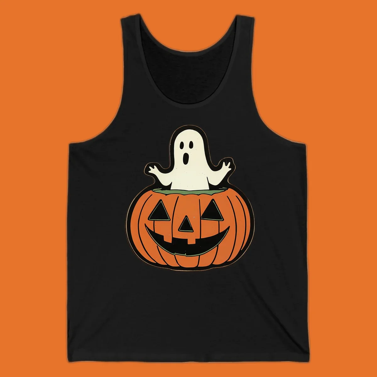 Halloween pumpkin with a ghost popping out, holiday graphic