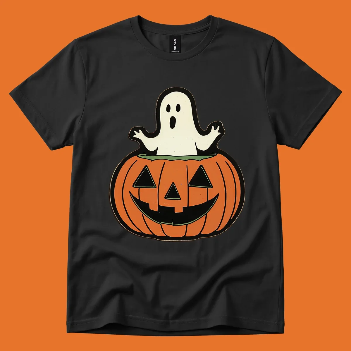 Halloween pumpkin with a ghost popping out, holiday graphic