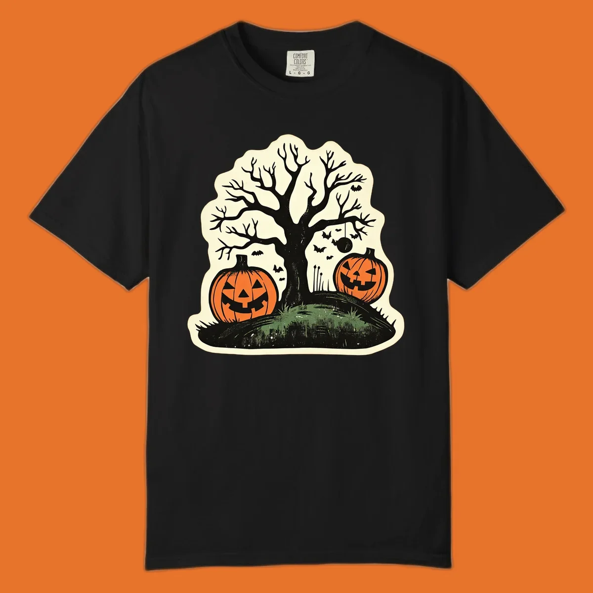 Halloween pumpkins and spooky tree illustration, vintage style graphic