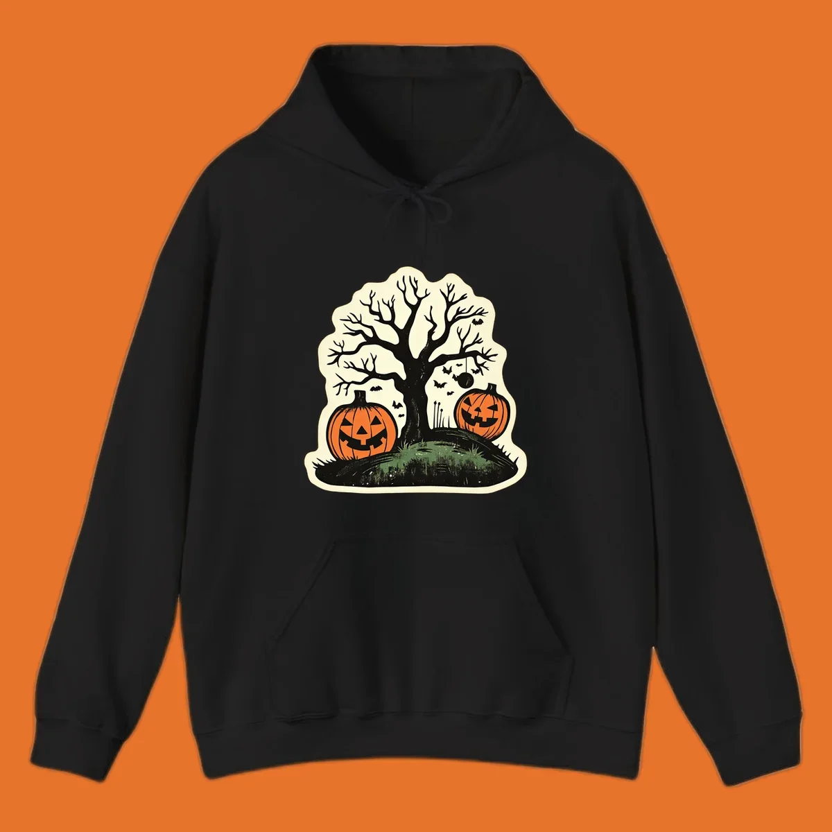 Halloween pumpkins and spooky tree illustration, vintage style graphic