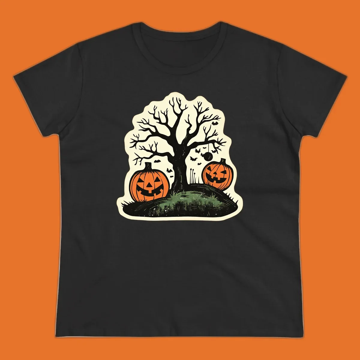 Halloween pumpkins and spooky tree illustration, vintage style graphic