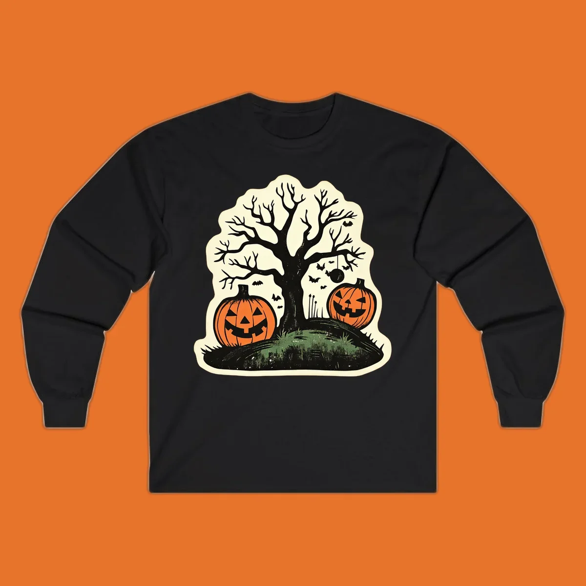 Halloween pumpkins and spooky tree illustration, vintage style graphic