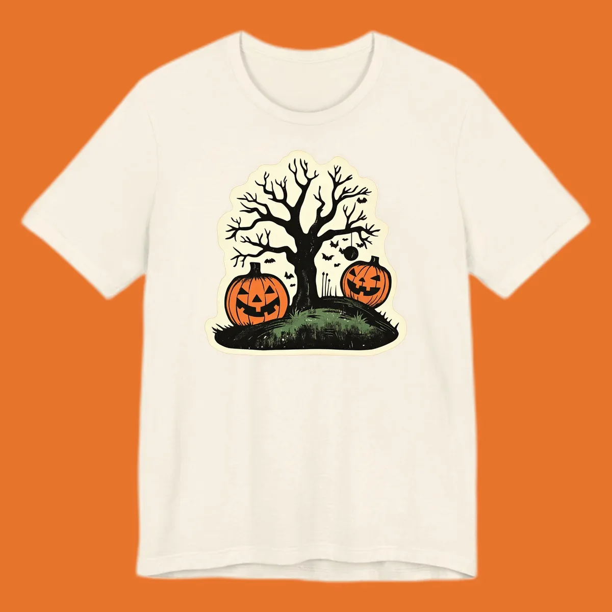 Halloween pumpkins and spooky tree illustration, vintage style graphic