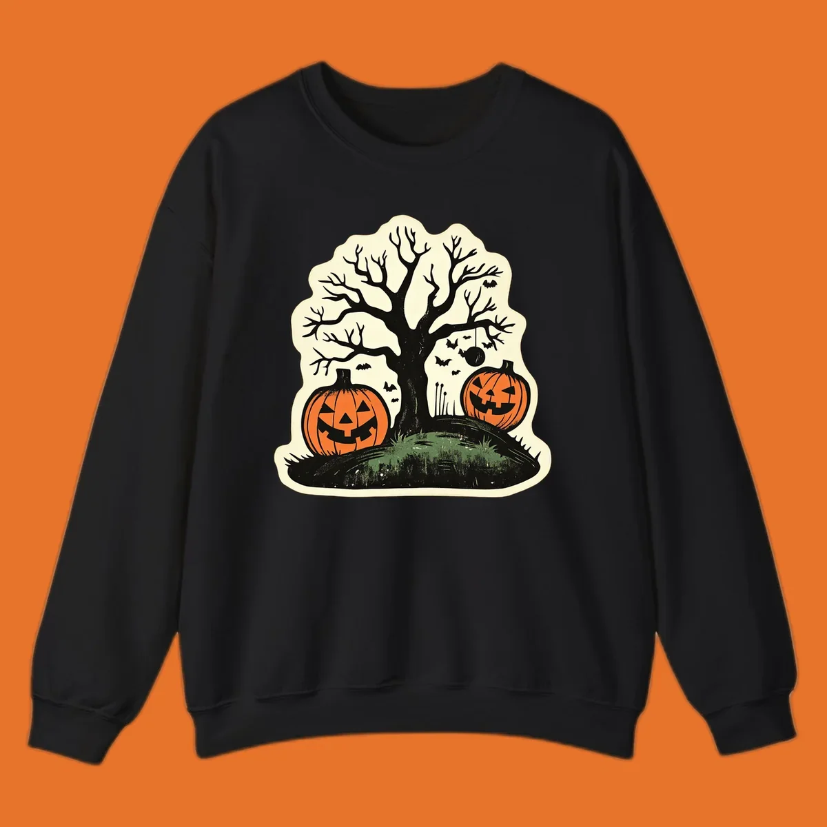 Halloween pumpkins and spooky tree illustration, vintage style graphic