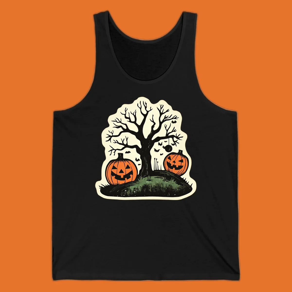 Halloween pumpkins and spooky tree illustration, vintage style graphic