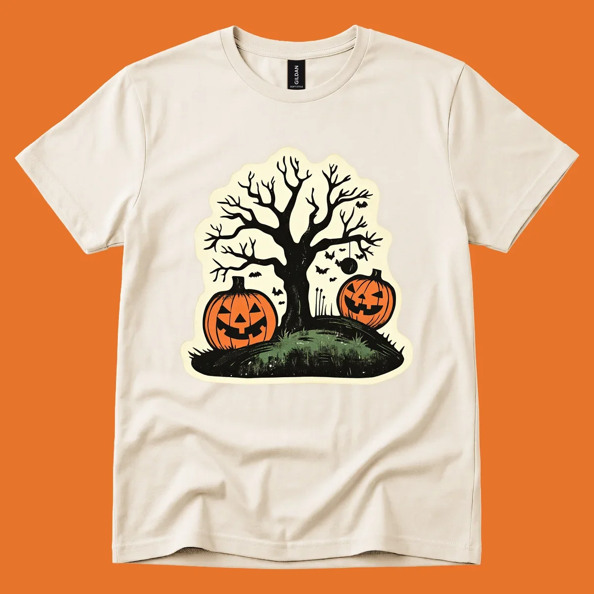 Halloween pumpkins and spooky tree illustration, vintage style graphic