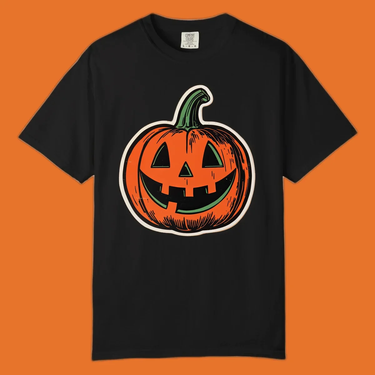 Vintage halloween pumpkin face illustration with carved features.