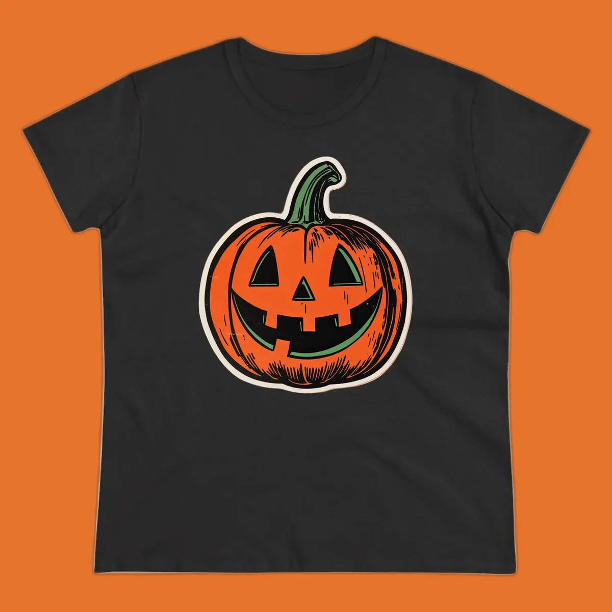 Vintage halloween pumpkin face illustration with carved features.