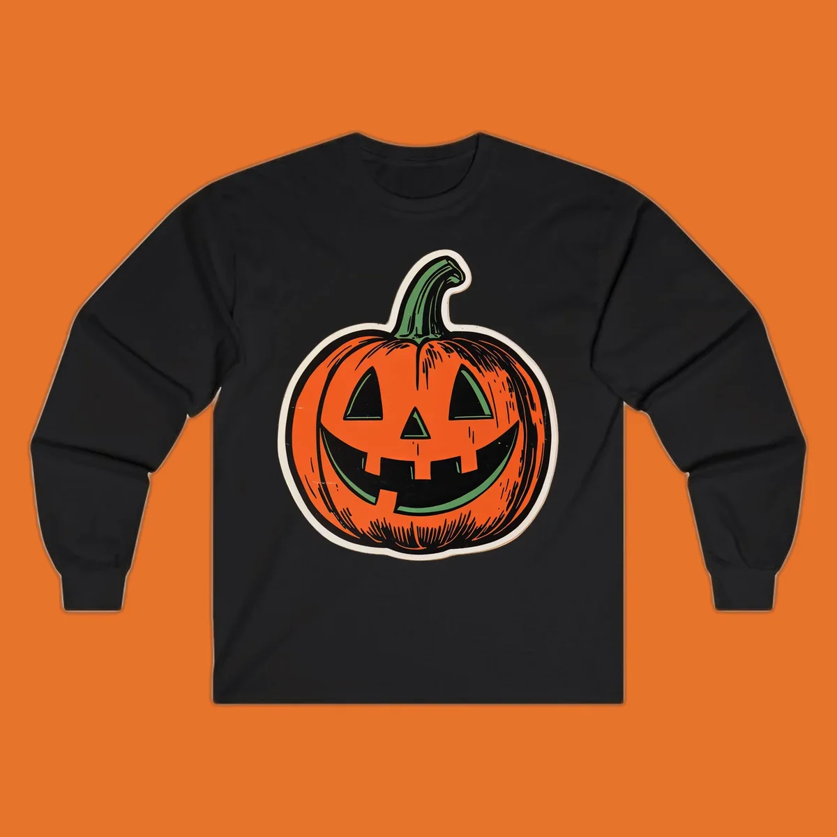 Vintage halloween pumpkin face illustration with carved features.